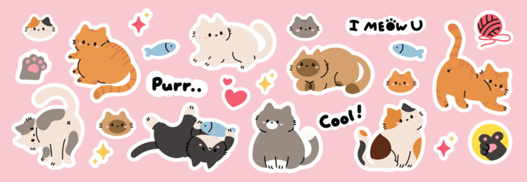 Fototapeta Set of cute cat sticker vector. Lovely cat and friendly doodle pattern in different poses and breeds. Adorable funny pet and many characters hand drawn collection for T-shirt,sticker, print, pet shop.