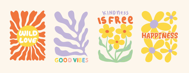 Botanical with words and quotes background art vector set. Flower and leaves abstract shape doodle art design for T-shirt, poster, fabric, packaging, print.