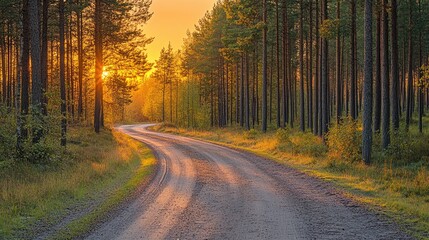 Fototapeta premium Winding Dirt Road Through a Forest at Sunset
