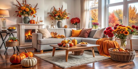 Cozy living room interior with fall palette, autumn flowers, and pumpkins decor, Cozy, living room, interior, fall, palette, autumn