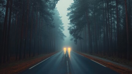 Fototapeta premium A Road Through a Foggy Forest with Car Headlights