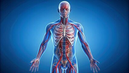 Full figure cutaway anatomy of human circulatory system , circulatory system, cardiovascular, veins, arteries, heart