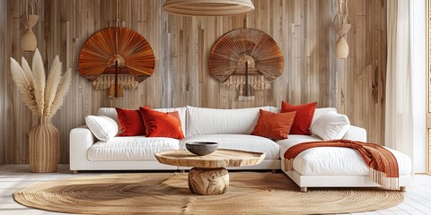 Modern living room with white sectional sofa, wooden coffee table, and woven rug.