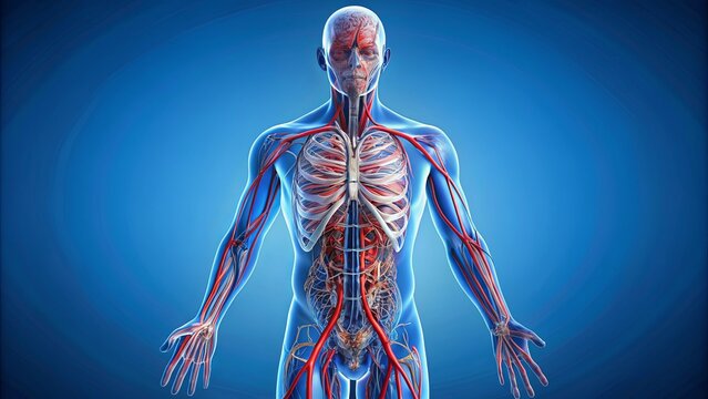 Full figure cutaway anatomy of human circulatory system , circulatory system, cardiovascular, veins, arteries, heart