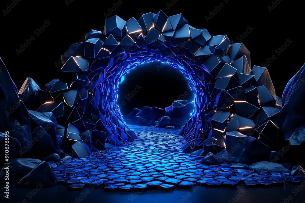 Poster Abstract 3D render of a blue glowing tunnel with geometric shapes creating a sci-fi, futuristic atmosphere for fantasy themes.
