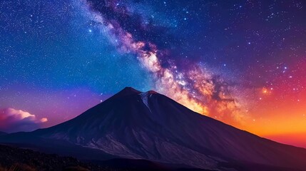 Silhouette of volcano del Teide against a sunset sky. Pico del Teide mountain in El Teide National park at night. Night landscape background with milky way on the sky. Tenerife which is very good