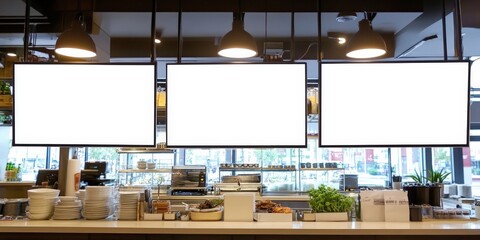 Blank Signage in a Restaurant Kitchen,a restaurant with big screen banners,Mock up screen display Restaurant Cafe Menu Food Business, for restaurant marketing, food service industry, digital menu adve
