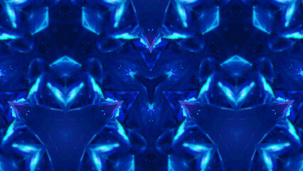 Artistic kaleidoscopic pattern in neon blue glow contemporary style art illustration abstract background.