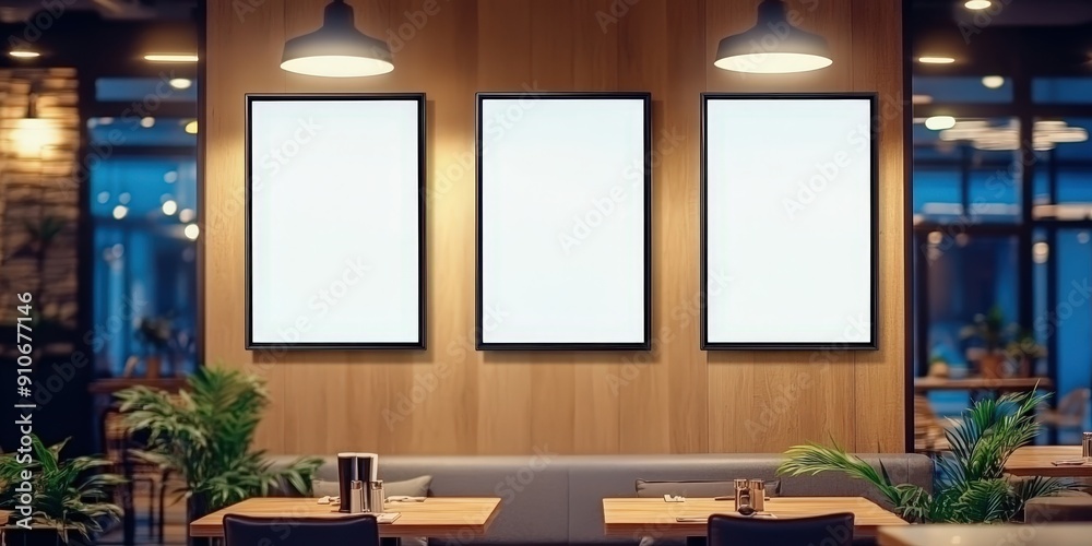 Poster blank frames on wooden wall in modern restaurant,a restaurant with big screen banners,mock up screen