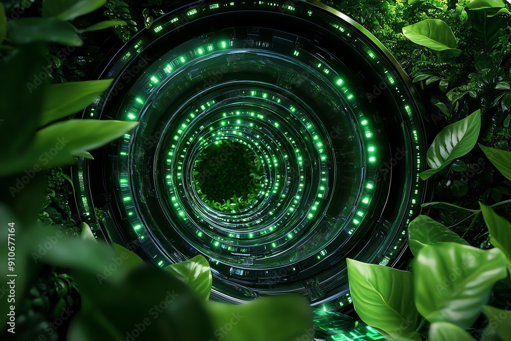 Poster a futuristic tunnel surrounded by lush green foliage, illuminated by green lights, creating a blend 