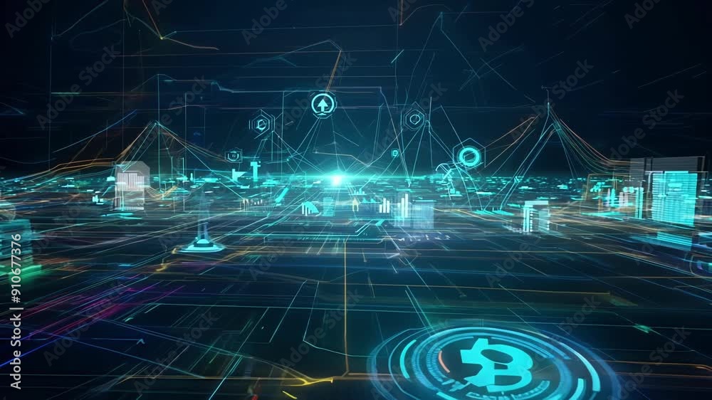 Poster explore a mesmerizing digital landscape filled with dynamic data streams and glowing graphical eleme