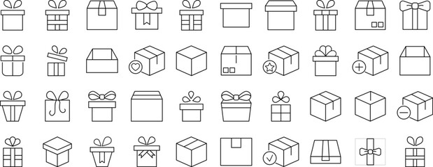Collection of Icons of boxes and giftboxes as holiday and delivery symbols. Suitable for books, stores, shops. Editable stroke in minimalistic outline style. Symbol for design