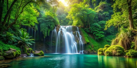 Verdant waterfall oasis surrounded by lush forest wilderness , waterfall, oasis, lush, forest, wilderness, nature, green