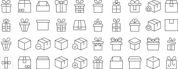 Collection of Icons of boxes and giftboxes as holiday and delivery symbols for Shops and Stores. Suitable for books, stores, shops. Editable stroke in minimalistic outline style. Symbol for design