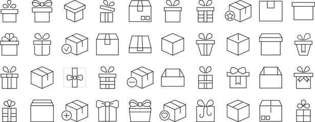 Collection of icons of boxes and giftboxes as holiday and delivery symbols for Advertisement. Suitable for books, stores, shops. Editable stroke in minimalistic outline style. Symbol for design