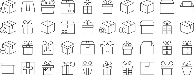 Collection of Line Signs of boxes and giftboxes as holiday and delivery symbols. Suitable for books, stores, shops. Editable stroke in minimalistic outline style. Symbol for design