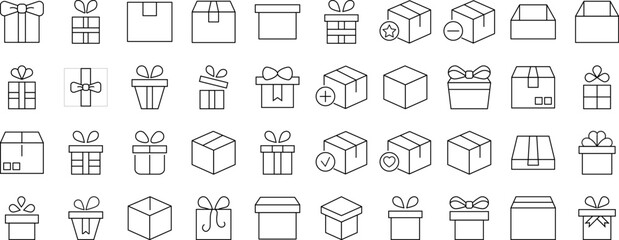 Signs of boxes and giftboxes as holiday and delivery symbols for Shops and Stores. Suitable for books, stores, shops. Editable stroke in minimalistic outline style. Symbol for design