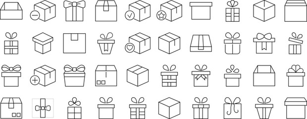 Line Signs of boxes and giftboxes as holiday and delivery symbols for Adverts. Suitable for books, stores, shops. Editable stroke in minimalistic outline style. Symbol for design