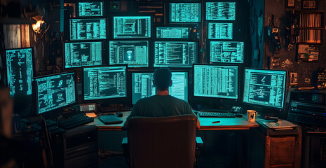 A man is sitting in front of a computer monitor with many screens