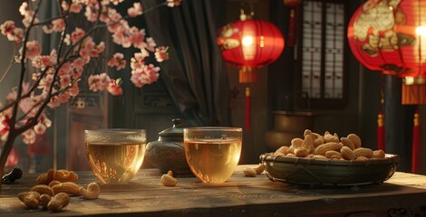 Fototapeta premium Two glasses of tea, a bowl of peanuts, and a teapot on a wooden table, with a cherry blossom branch in the background and red lanterns.