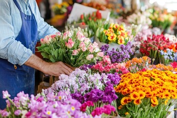 Florist arranging flowers for a customer at a market stall