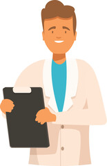 Smiling doctor holding clipboard providing medical advice