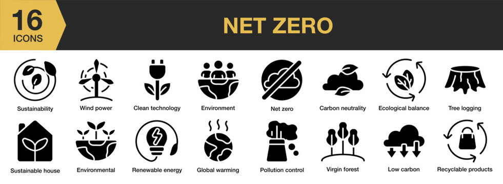 Net Zero Glyph icon set. Includes carbon, low carbon, pollution control, renewable, virgin forest, global warming and More. Solid icons vector collection.