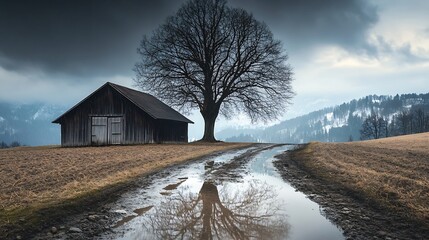 Next to a barn stands a single tree which is reflected in a puddle The dirt road is rocky and the weather is cloudy snowy and rainy the linden tree is dominant and towers over the hut  : Generative AI