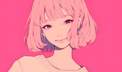 anime style, Happy pink-haired, stylish young woman, Generative AI