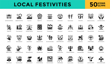 Local festivities icon set with community celebrations, neighborhood festivals, town events, regional fairs, cultural gatherings, annual parades, folklore festivals icon. Simple glyph vector 
