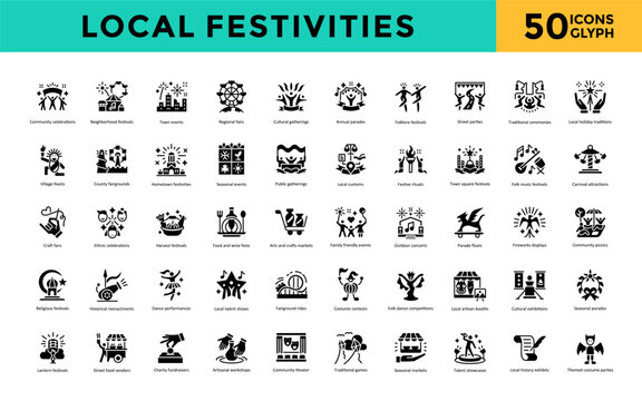 Local festivities icon set with community celebrations, neighborhood festivals, town events, regional fairs, cultural gatherings, annual parades, folklore festivals icon. Simple glyph vector 

