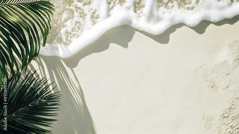 Poster empty abstract sand beach with palm leaf shadow and transparent water wave from above blank background banner for travel vacation and wellbeing with copy space : Generative AI
