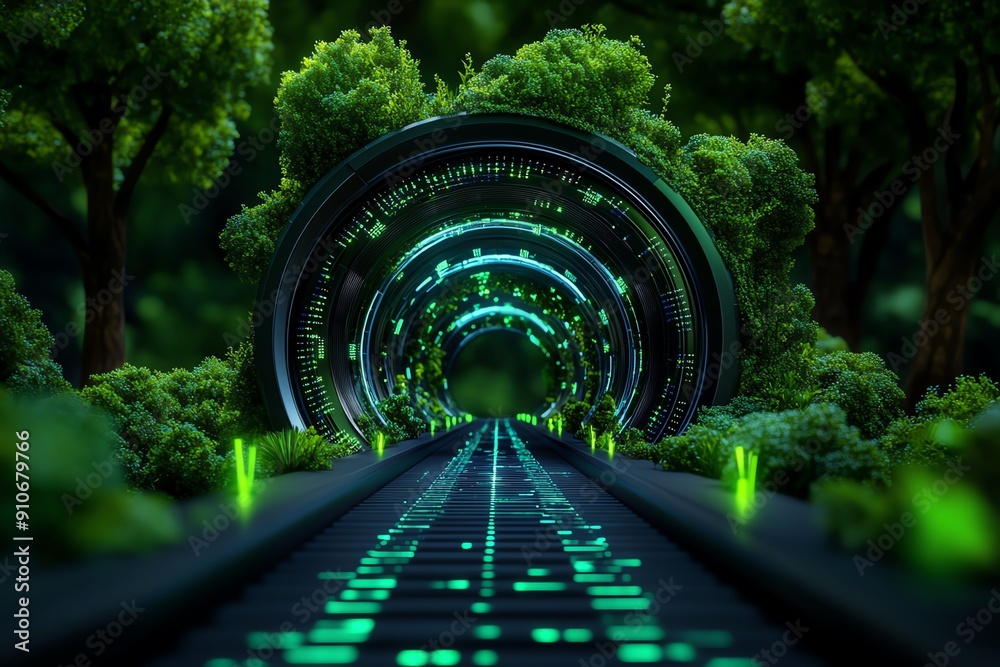 Poster depict a green abstract tunnel background that symbolizes the influence of evolution on technology, 