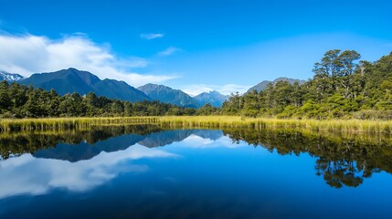 Fototapeta premium Mirror lakes New Zealand reflections : Generative AI