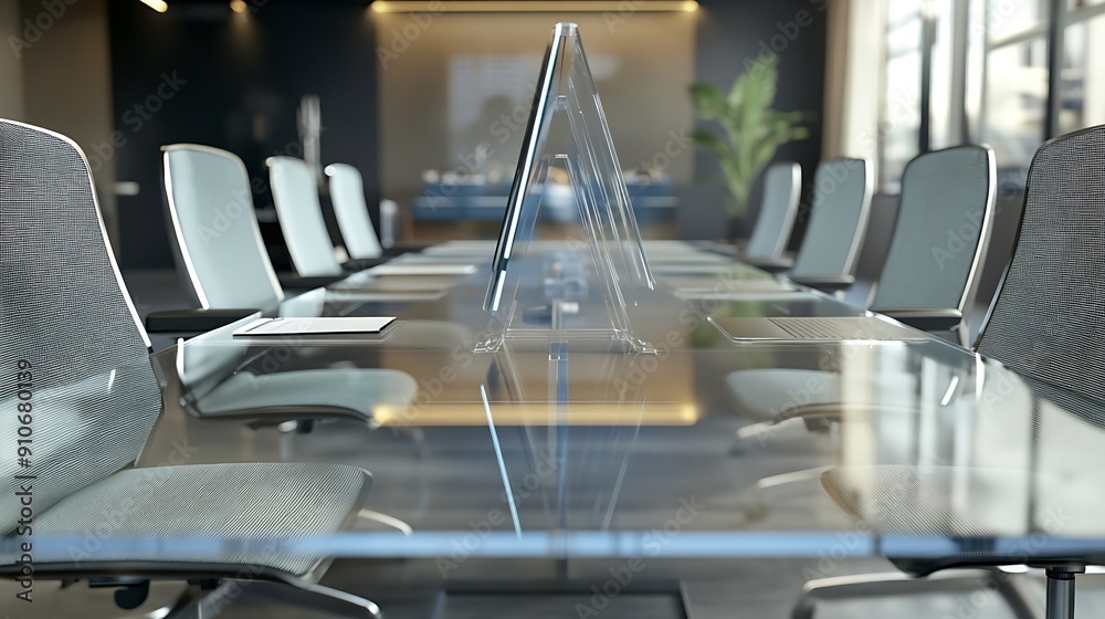 Poster video conference meeting room with clear acrylic sheet separates the center on the conference table 
