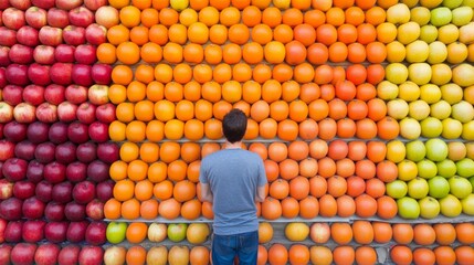 Fototapeta premium Stunning Fruit Stand with Various Apple and Orange Varieties, Featuring a Man Positioned in Front with Ample Copy Space for Banner Use