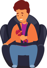 Toddler sitting in car seat playing with rattle smiling and happy