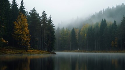 Fototapeta premium Picturesque scenery of the forest lake in a thick white fog Reflections on the water Dark atmospheric landscape Fall season Nature ecology environmental conservation eco tourism : Generative AI