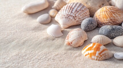 Sea shells and stones on beautiful tropical summer sand beach : Generative AI