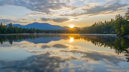 Fototapeta premium Sunrise at Mirror Lake in Lake Placid New York : Generative AI