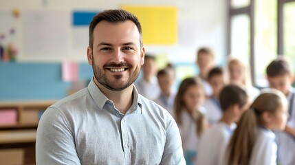 Obraz premium Portrait of smiling male teacher with students in background at school : Generative AI
