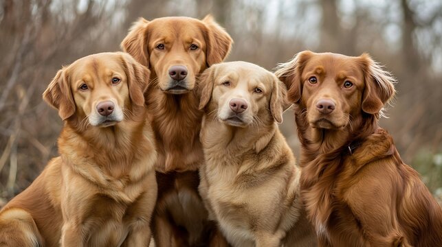 curly coated retriever golden retriever labrador nova scotia duck tolling retriever and flat coated retriever dogs sitting together outdoors : Generative AI