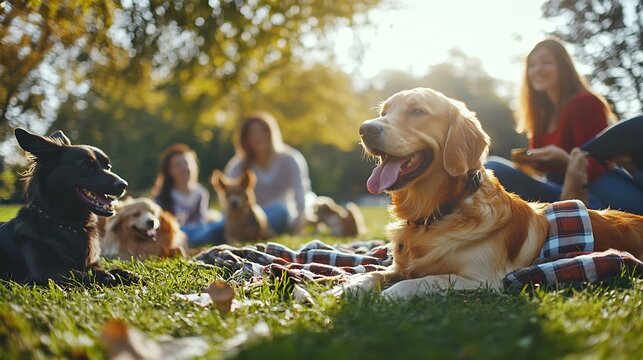 A group of students having a good time on a beautiful day in the park with their dogs Friendship rest pets picnic : Generative AI - Powered by Adobe