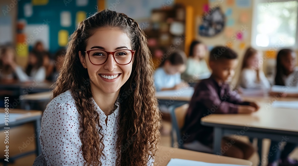 Poster portrait of female smiling teacher looking at camera at the lesson in junior high school schoolchild