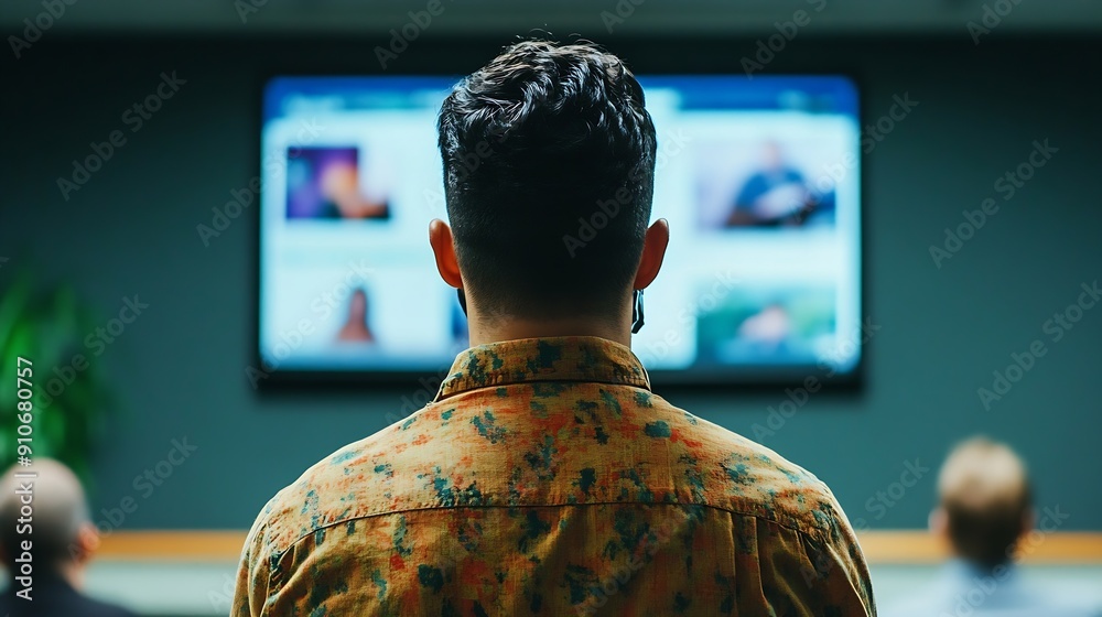 Aufkleber A man with a remote control slide presentation with Presentation meeting on television : Generative AI