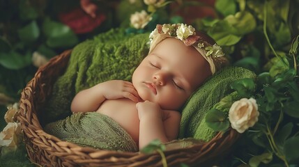 Obraz premium Little charming newborn girl sleeps in a basket under a flower Studio shot of a sevendayold newborn baby Beginning of life Child with head decoration : Generative AI