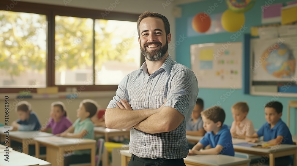 Poster happy elementary school teacher standing in a classroom with children working at their desks in the 