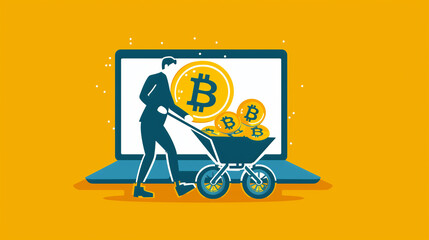 Businessman Mining Bitcoin with Wheelbarrow from Laptop Screen