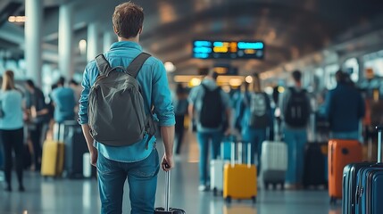 Travel queue and wait with man in airport for vacation international trip and tourism Holiday luggage and customs with passenger in line for airline ticket departure and flight transpo : Generative AI