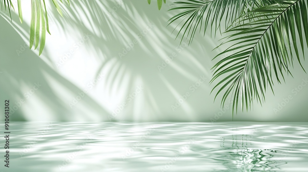Poster summer background water surface texture on green wall studio with light shadow palm leavesbackdrop p